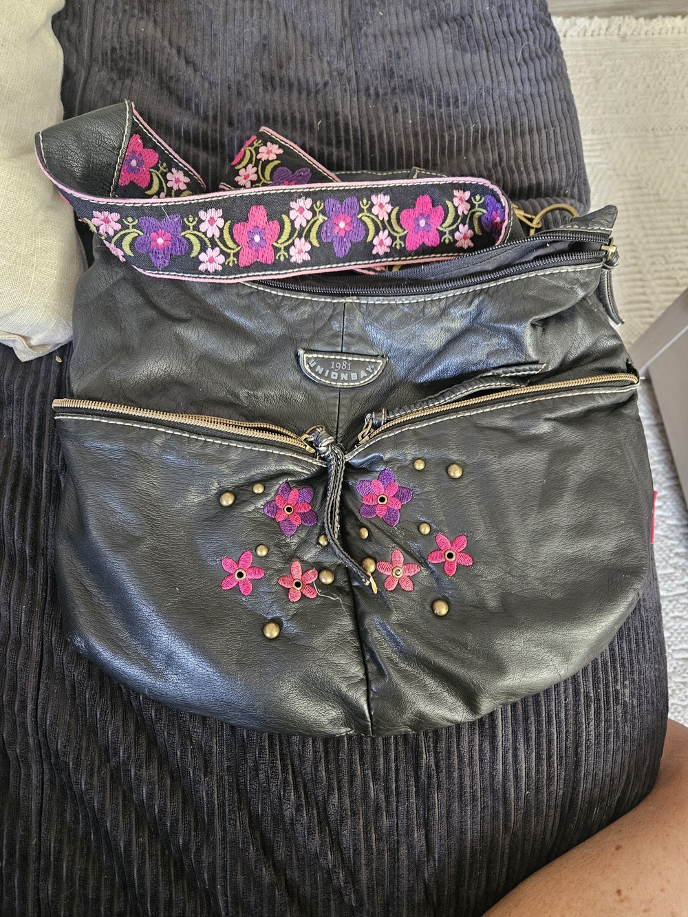 UNIONBAY Black Crossbody Bag with Pink & Purple Floral Embroidery